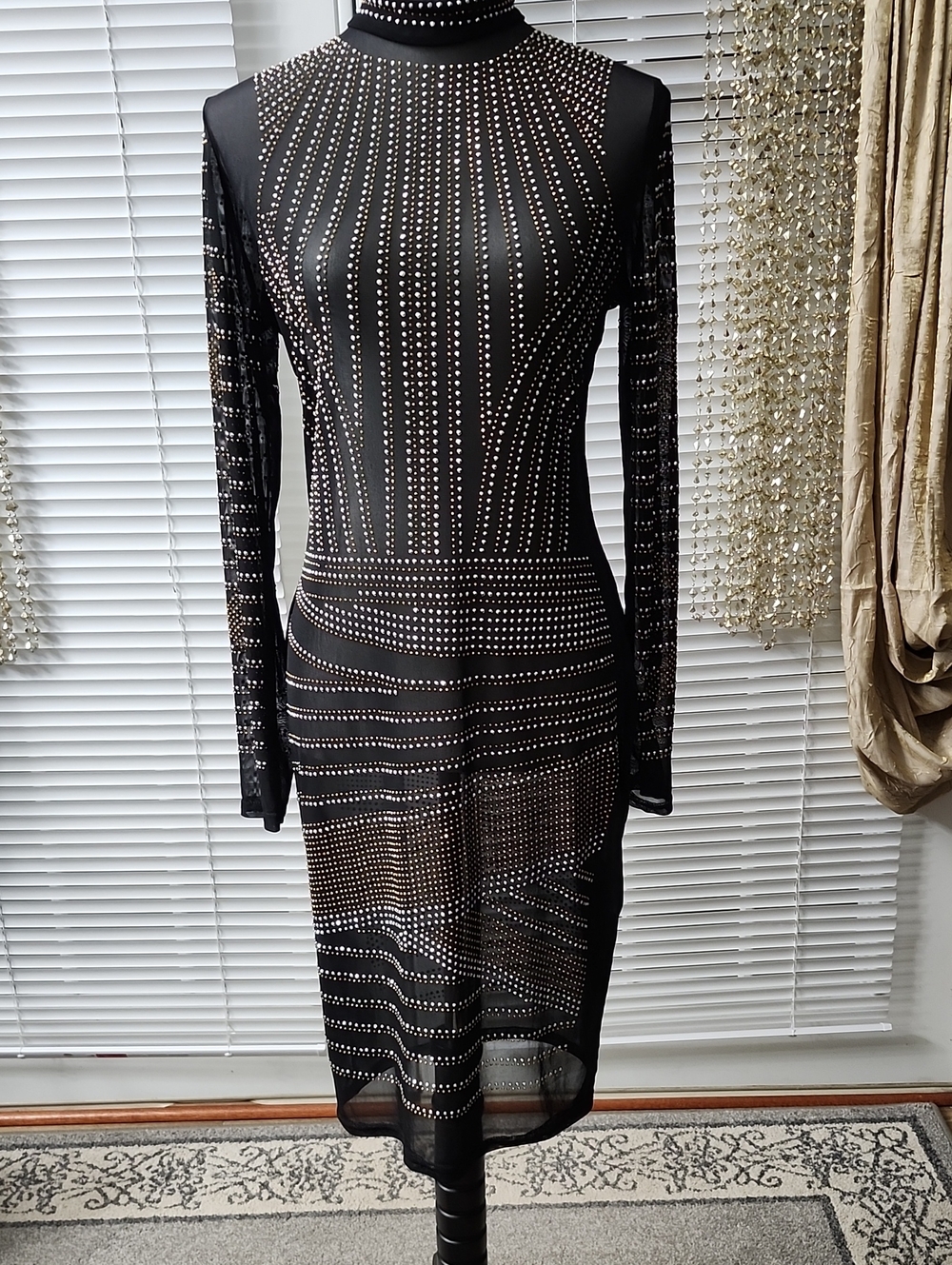 Black Studded Mesh Bodycon Dress - Elegant Evening Wear